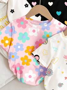 SHEIN 4 件套年轻女孩可爱花卉和心形波尔卡圆点印花基本款短袖休闲圆领 T 恤，春夏上衣 - 彩色 - 查看 4