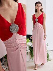 MOTF Soiréza VÁY HOA STEREO COLORBLOCK - Đỏ - Xem 7