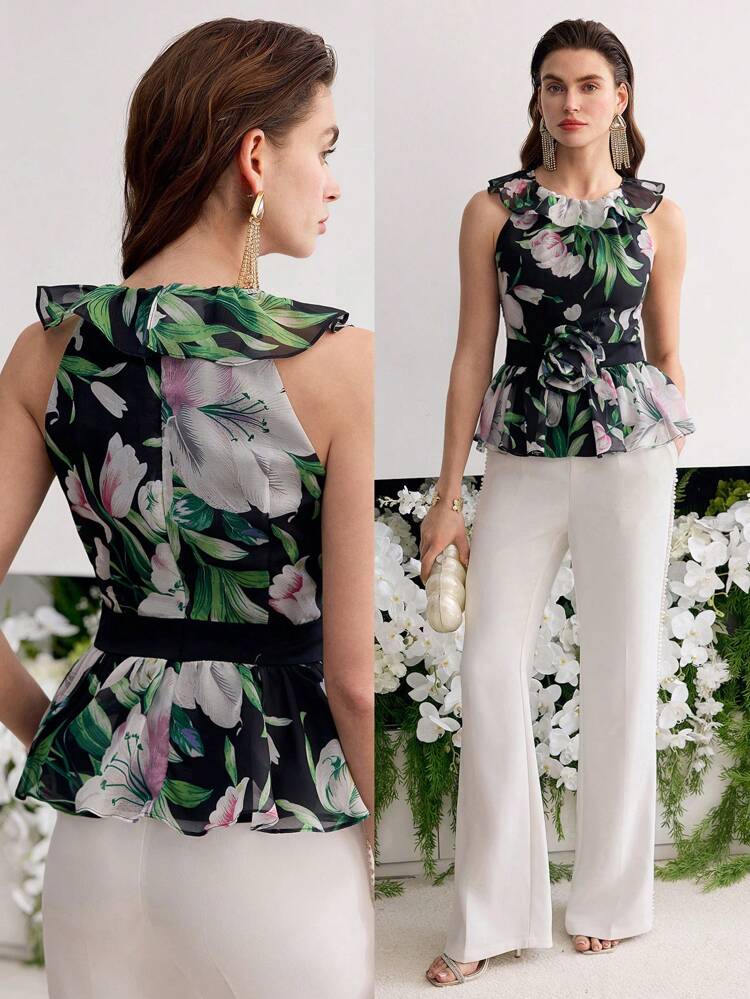 FLORAL PRINT SLEEVELESS PEPLUM TOP