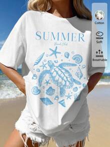 Tseoso 超大宽松休闲海滩度假海洋生物海龟印花 T 恤，柔软 50% 棉，非常适合夏季度假