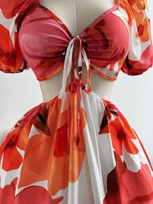 Ceyna Plus Size Elegant Floral Print Twist Knot Hollow Out Drawstring Shift Summer Holiday Dress Romantic Mini-Dress