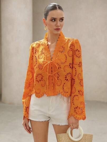 Aveloria Rosie Áo cánh tay dài rộng thêu nơ cổ điển dân gian Vnedk, viền tua rua, quần áo dự tiệc ngày lễ, áo sơ mi cài nút cho nữ, phong cách thời trang Boho cho mùa xuân thu