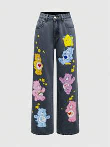 ROMWE X Care Bears 女士休闲熊印花口袋牛仔裤 - 灰色 - 查看 1