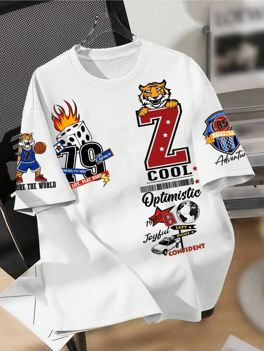 SHEIN Teens Boys' Casual Minimalist Short Sleeve Round Neck T-Shirt With Tiger Graphic, Suitable For Summer - White - View 1