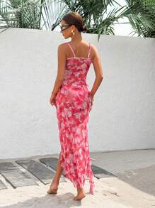 SHEIN Swim 1pc Spring Break Ruffled Floral Print Spaghetti Strap Cut-Out Swimwear Dress, Suitable For Dates And Going Out For Summer Beach Vacation