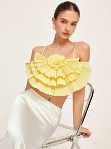 Femmeiva Romantic Layered Ruffled Spaghetti Strap Camisole Top, Elegant & Versatile For Holiday Dates   For Summer - White - View 1