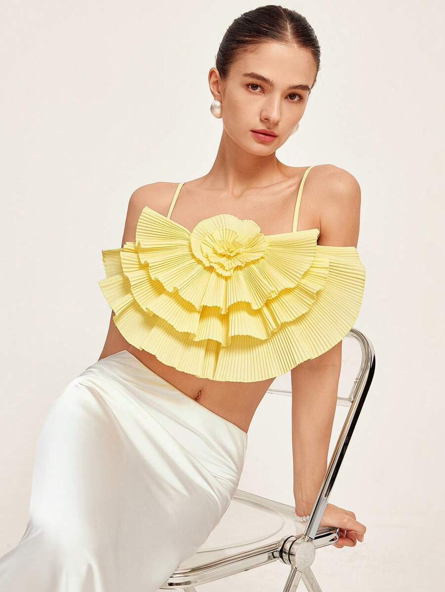 Femmeiva Romantic Layered Ruffled Spaghetti Strap Camisole Top, Elegant & Versatile For Holiday Dates For Summer - White - View 1