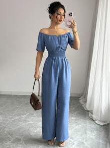 Elenzga Women's Summer New Off Shoulder V-Neck Waist Jumpsuit For Vacation - Blue - View 1