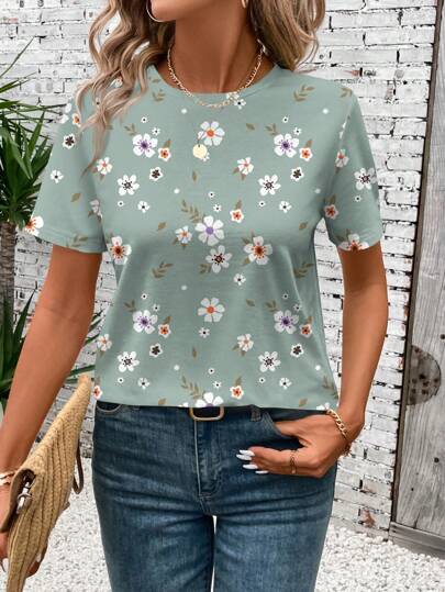 SHEIN LUNE Áo thun nữ tay ngắn cổ tròn in họa tiết hoa tươi tối giản giản dị