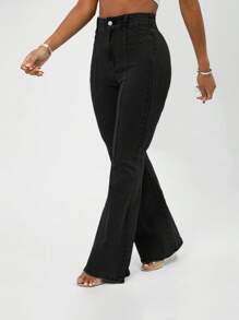 SHEIN PETITE HIGH WAIST FLARE SPLIT RAW HEM STRETCH JEANS - Black - View 4