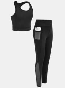 SHEIN 2pcs Tween Girls Slim Fit Casual Comfortable Trackpants Sets, Black - Black - View 2