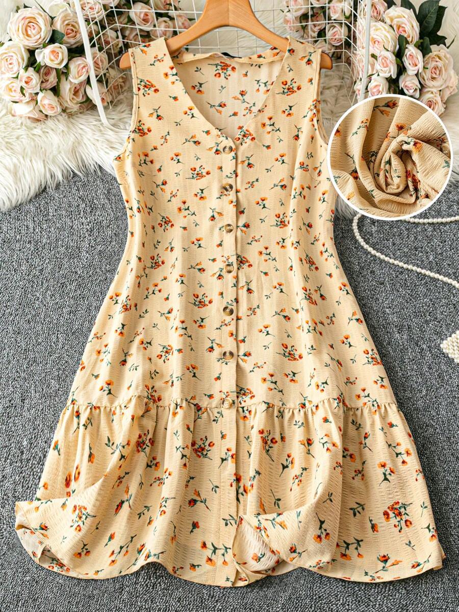 SHEIN LUNE Plus Size Women Spring/Summer Sleeveless V-Neck Striped Print Faux Embroidery Ruffle Hem Casual Dress, Front Button Closure - Khaki - View 1