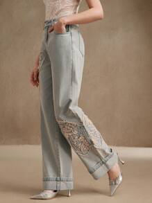 Anewsta 女士优雅时尚刺绣直筒牛仔裤 - 藍色 - 查看 5