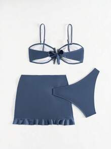 Swim Vcay 3pcs/Set Women Bandeau Swimsuit With Fashionable Front Decor Ruffles, Shiny Fabric, For Holiday For Summer Beach Vacation - Navy Blue - View 3