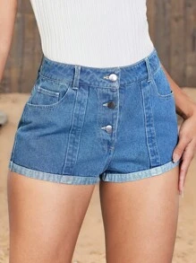 SHEIN LUNE Quần short denim giản dị có túi trước cài nút cho nữ - Rửa tối - Xem 3