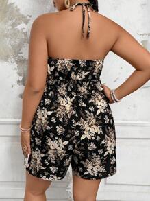 Breezaya Plus Size Women Holiday Floral Print Tie-Front Halter Romper - Black - View 2