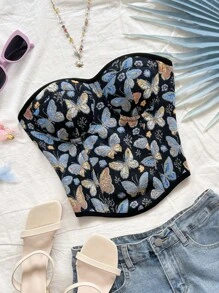 Soleia New Vacation Butterfly Bandeau Crop Top With Tie-Back,Spring Break, Saint Patrick,Easter Women,Concert Women,Elegant,Vacation,Business Casual Woman ,Western,Cute,Boho,Country ,Modest,Streetwear,Tropical,Gyaru, Floral,Backless