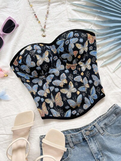 Soleia Atuendo casual de vacaciones para invitadas a bodas en la playa, adecuado para volver al colegio, graduación, brunch, Día de San Patricio, vacaciones de primavera, Pascua, festivales de música - Elegante top corto bohemio tropical sin tirantes con dobladillo retorcido, sujetador bandeau con mariposa y espalda con lazo