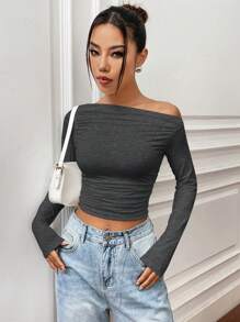 Flirla Women's Solid Color Oblique Shoulder Casual Simple Fashion T-Shirt, Suitable For Summer