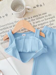 SHEIN Baby Girl Summer Cute Knitted Pink Tank Top & Elastic Waist Pants 2pcs Set - Blue - View 6