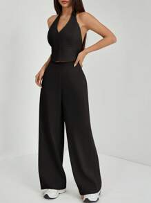 SHEIN PETITE Spring/Summer Office Lady V-Neck Sleeveless Top With Open Back & Wide Leg Pants, Slimming And Lengthening Outfit For Streetwear