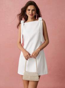 Enchnt Women Elegant Solid Color Bow Decor Sleeveless Mini Dress,Business Casual Woman Easter Dress Women Graduation Dress - White - View 6
