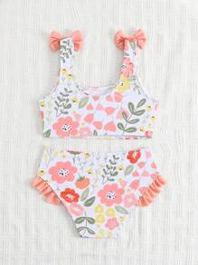 SHEIN Ensemble de bikini pour jeune fille avec imprimé floral en patchwork, volants roses et décoration papillon