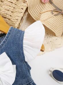 SHEIN Vintaside Kids 女宝宝休闲日常百搭百搭可爱大蝴蝶结装饰短袖水洗牛仔背带裙，适合日常外出、旅行、派对，2025 年春夏新品 - 中等水洗藍 - 查看 3