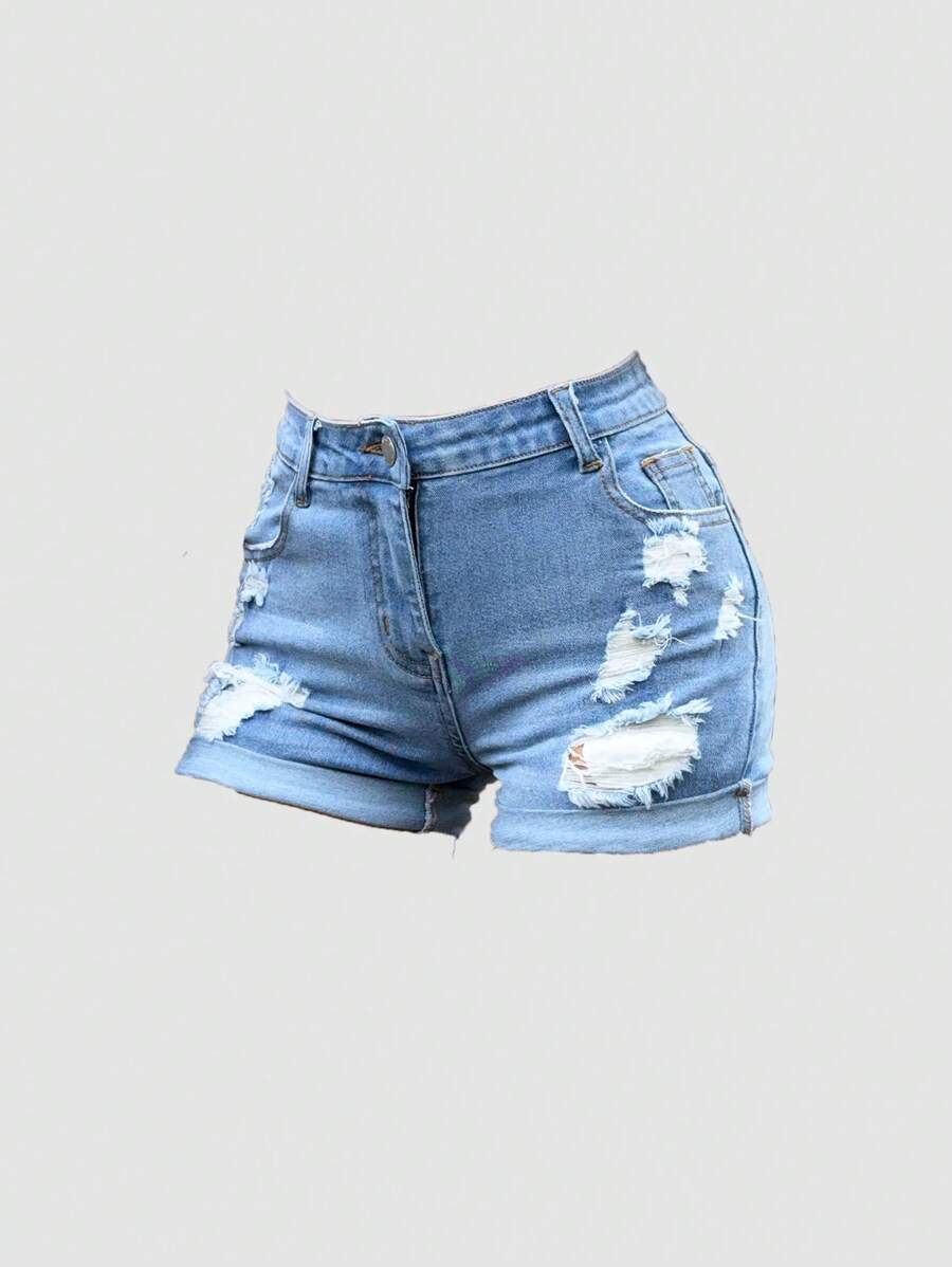 SHEIN Girlism Teen Girls Y2K Spring Summer Break Light Washed Low Waist Ripped Raw Hem Denim Jeans Mini Shorts,Summer Boho Beach Holiday Concert Rave Festival Graduation Outfits - Light Wash - View 1