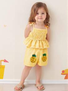 夏季 2 件装女婴休闲格纹上衣，带蝴蝶结肩带和蝴蝶结下摆裙子，带刺绣补丁，可爱装扮 - 黃色 - 查看 1
