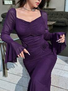 Modelyn 女士弹力网眼花卉浪漫褶饰腰部美人鱼修身连衣裙女士正式派对礼服 - 紫色 - 查看 4