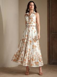 Anewsta Vestido de mujer elegante y romántico con volantes en el bajo, sin mangas, con estampado floral, para vacaciones/citas, atuendo casual para primavera/verano, ideal para festivales y vacaciones