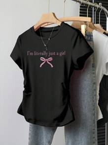 青少年/青少年女孩休闲百搭粉色字母和蝴蝶结图案印花收腰短袖 T 恤 - 黑色 - 查看 1