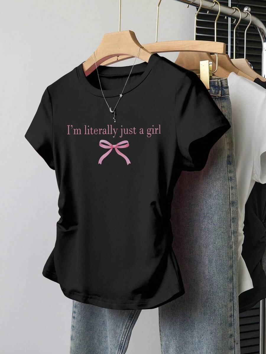 青少年/青少年女孩休闲百搭粉色字母和蝴蝶结图案印花收腰短袖 T 恤 - 黑色 - 查看 1