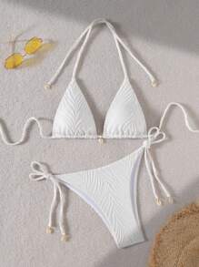 SHEIN Swim 2 Stücke/Set Damen strukturierter eleganter Neckholder Bikini Badeanzug Set