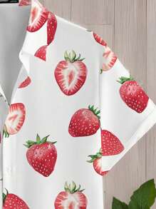 Manfinity RebelGame Plus Size Men's Casual Woven Strawberry Print Short Sleeve Shirt, Suitable For Summer - White - View 4