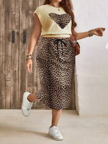 SHEIN LUNE Plus Size Women Heart & Leopard Print Crew Neck Top And Waist Tie Midi Skirt Set Summer Outfits For Women Vacation Outfits Woman Cheetah Print Two Pieces Set Women - Multicolor - View 5