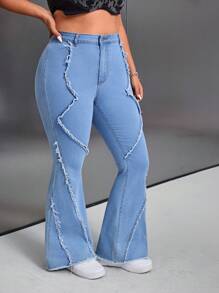 SHEIN ICON Quần denim bó ống loe cạp cao màu xanh có chi tiết tua rua cỡ lớn cho nữ - Màu xanh lam - Xem 5