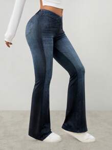SHEIN PETITE Women's Overlapping Waist, Slightly Flared, Elegant Pockets, Natural Flared Trousers, Dark Trousers For Women