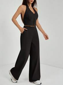 SHEIN PETITE Spring/Summer Office Lady V-Neck Sleeveless Top With Open Back & Wide Leg Pants, Slimming And Lengthening Outfit For Streetwear
