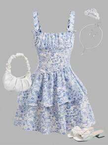 SHEIN Leap Crew Tween Girl 复古印花拼色 V 领荷叶边袖度假连衣裙 - 黑與白 - 查看 2