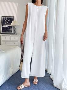 Chiquease Mono holgado para mujer con cuello redondo, sin mangas, con hombreras acolchadas - Blanco - Ver 4