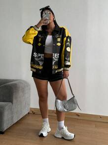 POPSWAY Plus Size Women Cool Color Block Pink Jacket - Yellow - View 5