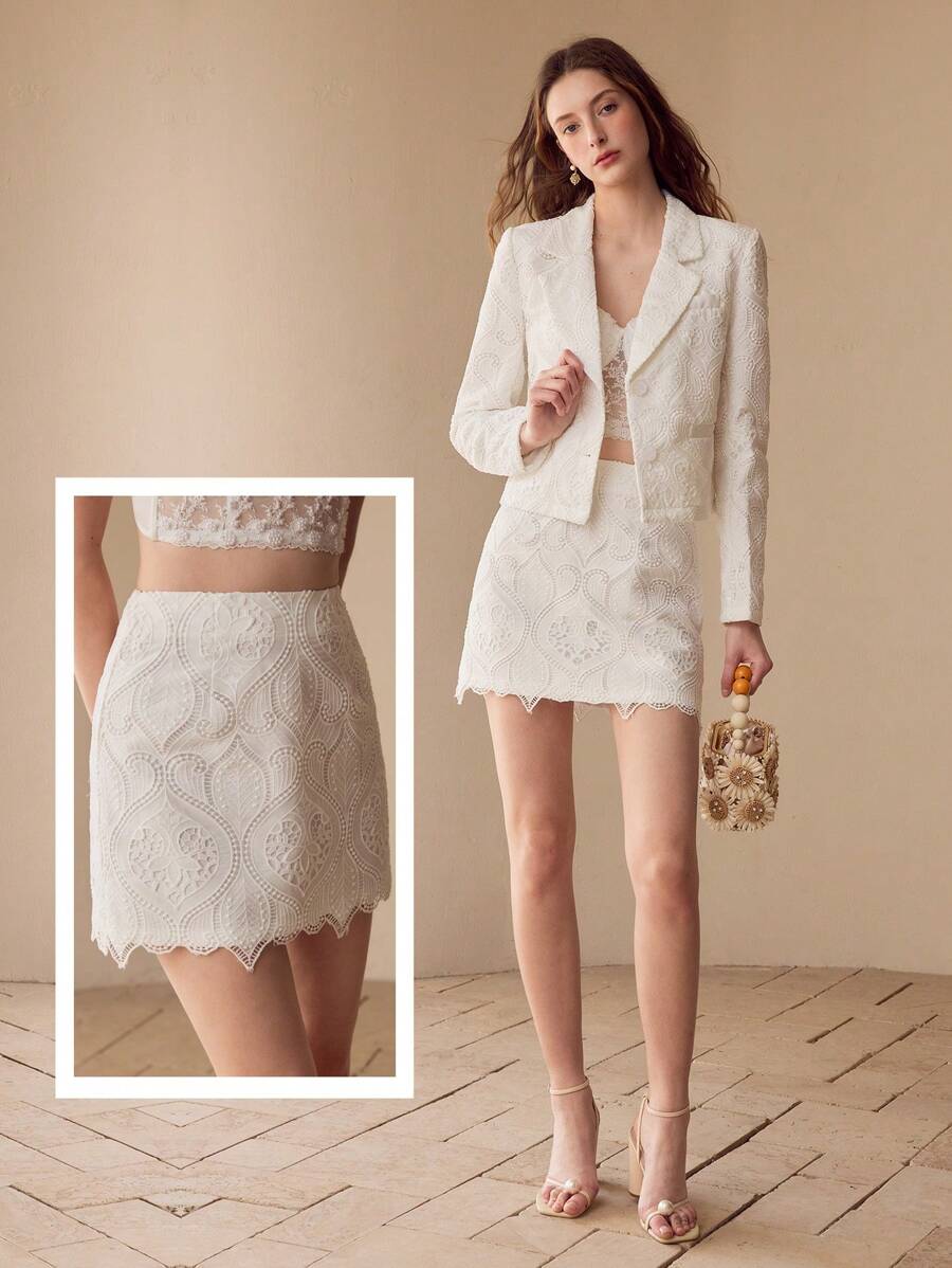 MOTF PREMIUM GUIPURE LACE ELASTIC WAIST SKIRT - White - View 1