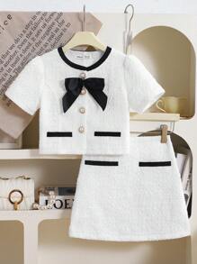 SHEIN Serisse Kids Conjunto elegante de 2 piezas para niña preadolescente, con blusa de tela de tweed con decoración de lazos y botones de perlas imitadas, y falda corte A, estilo dama elegante francés, para volver al colegio