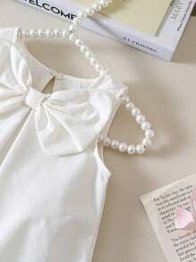 SHEIN Elladie kids 女宝宝优雅简约无袖蝴蝶结装饰皱褶网眼裙连衣裙，春夏 - 白色 - 查看 4