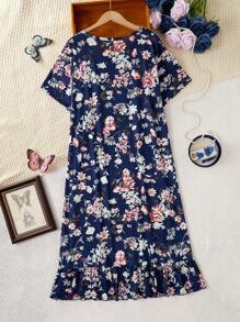 Rochie de damă, albastru bleumarin, ocazională, cu modele florale, cu tiv cu volan, îmbrăcăminte pentru acasă