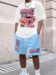 Manfinity EMRG Bộ 2 áo thun tay ngắn in hình xe hơi thường ngày và quần short cho nam, mùa hè - Nhiều màu - Xem 1