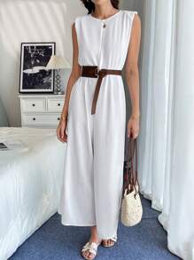 Chiquease Mono holgado para mujer con cuello redondo, sin mangas, con hombreras acolchadas - Blanco - Ver 5