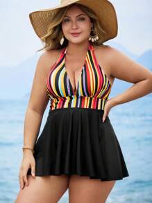 Swim Lushoire Set di tankini di taglia grande da donna con 2 pezzi, con stampa a righe casuali, semplice blocco di colore, adatto per uso quotidiano e vacanze, con top a collo alto e gonna triangolare in vita alta